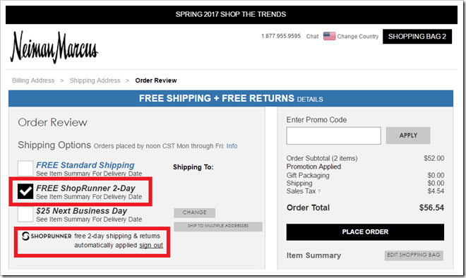 Select Free ShopRunner shipping method