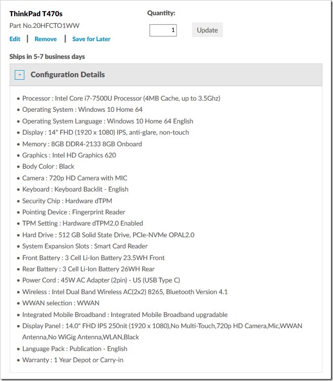 联想Lenovo ThinkPad T470s i7-7500U 美国官网自选配置