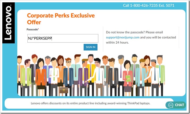 Corporate Perks 跳转到联想 Lenovo 页面，需要输入 Passcode
