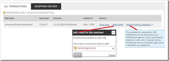 Corporate Perks WOWPoints 结账记录