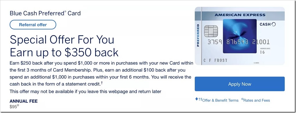 American Express Blue Cash Preferred信用卡, 最高$350开卡奖励