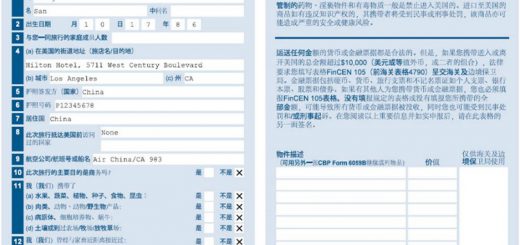 美国入境海关申报表 U.S. CBP Declaration Form 6059b 简体中文版样例