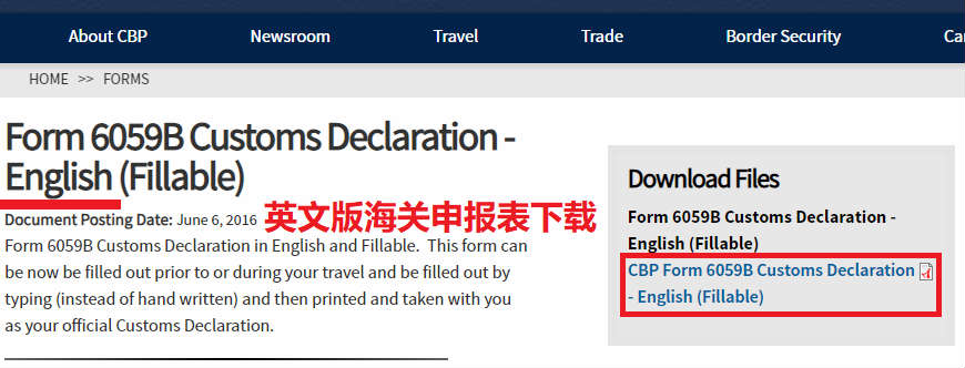 美国海关申报表英文版PDF文件下载